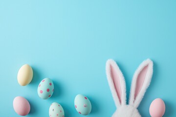 Pastel Easter eggs with bunny ears on a soft blue background, perfect for creating festive e-commerce banners, social media posts, and holiday promotions.