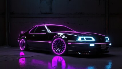  A futuristic car illuminated by neon lights in a dark environment