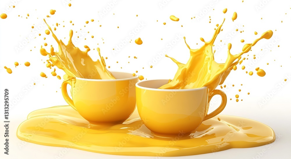 Poster vibrant yellow cups splashing liquid on white surface creating a playful scene : generative ai