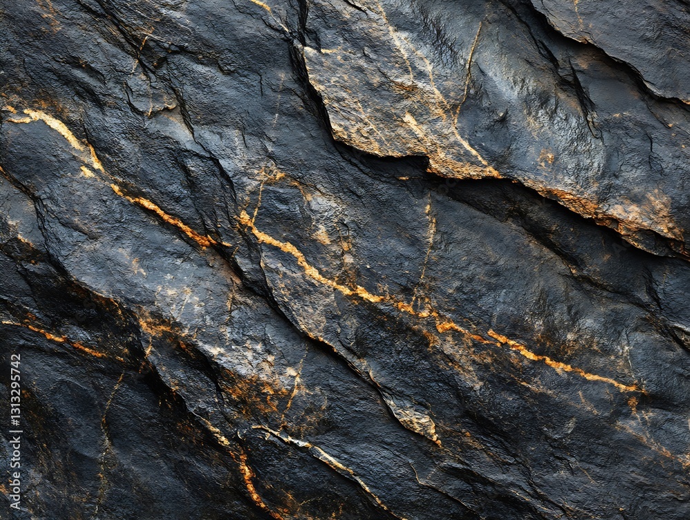 Poster detailed close up of textured rock surface featuring dark tones and metallic highlights for geologic