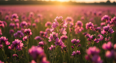Obraz premium 夕焼けに染まるピンクの花畑