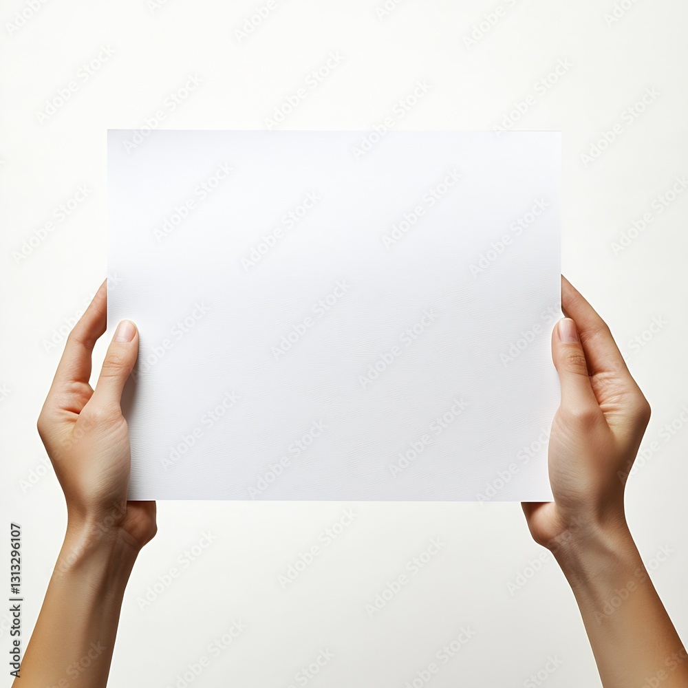 Poster hands holding a blank sheet of paper perfectly centered against a subtle background : generative ai