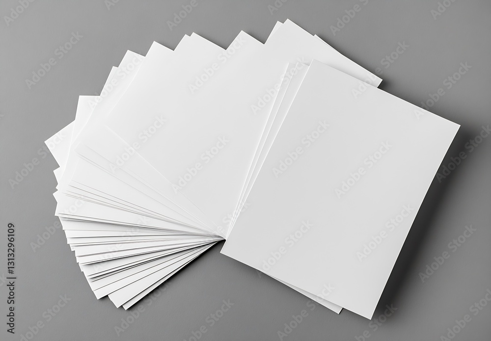 Poster Neatly stacked blank sheets of paper spread across a stylish gray surface in a creative layout : Generative AI