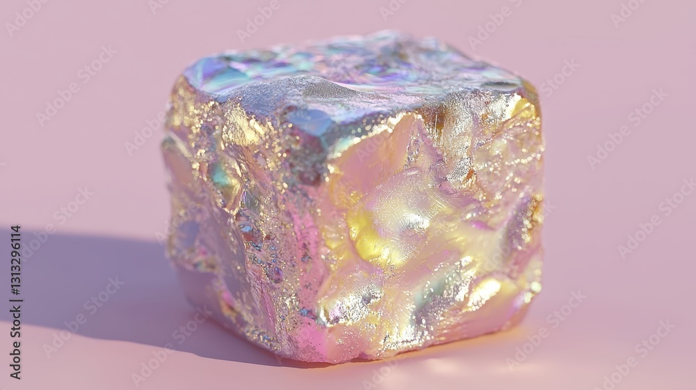Poster Iridescent Crystal Cube on Soft Pink Background with Shiny Texture