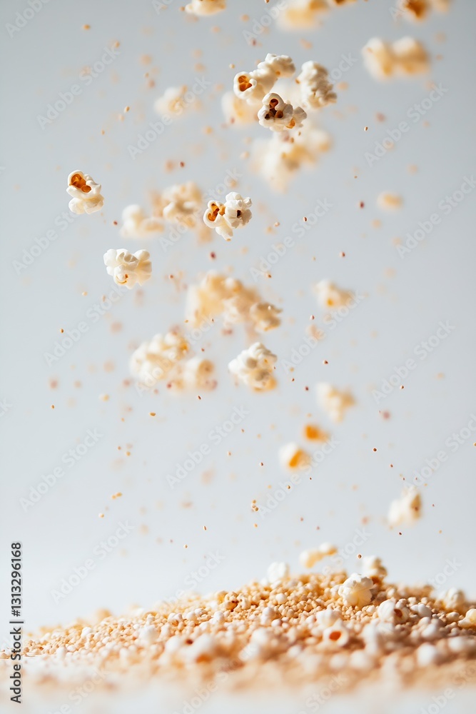 Poster Burst of popcorn kernels flying in the air against a clean white background creating dynamic motion : Generative AI