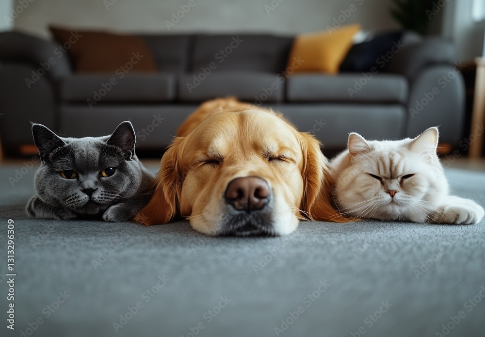 Poster A golden retriever and two unique cats lying side by side on a plush carpet in a chic setting : Generative AI