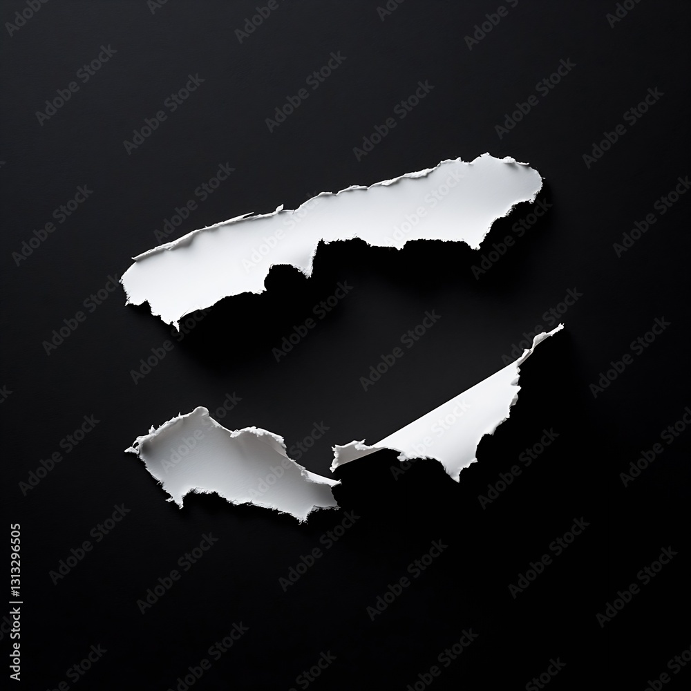 Poster minimalistic closeup of torn white paper elements on a sleek black background for creative design us