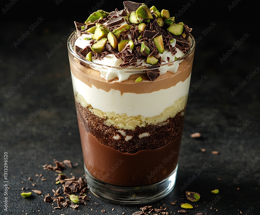 Poster decadent chocolate dessert layered with creamy textures and topped with nuts for a delightful treat 