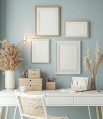 Modern workspace with framed art and pampas grass