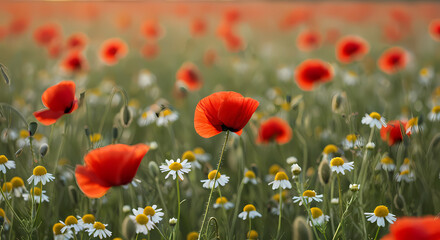 Fototapeta premium ポピーとカモミールの咲く風景