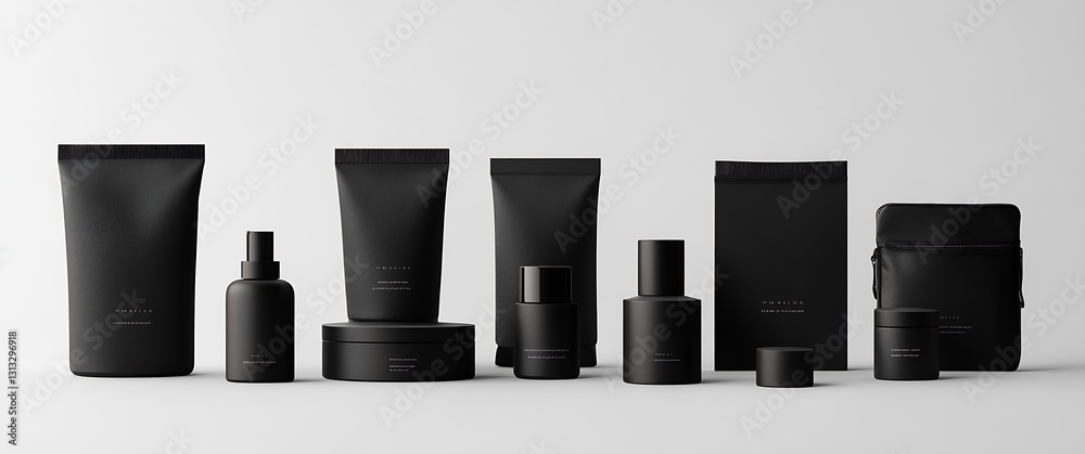 Poster chic collection of black cosmetic packaging bottles and containers arranged artistically for product