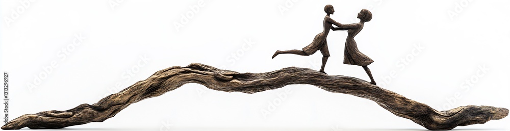 Poster unique sculptural artwork of two dancing figures on a flowing wooden base : generative ai