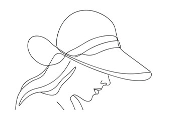 Elegant Woman's Profile, Sun Hat, SingleLine Drawing, Minimalist Art, Fashion Illustration