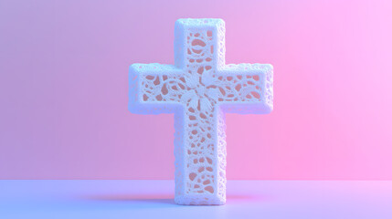 Obraz premium A white, lacy cross stands on a pastel pink and purple surface. The intricate design of the cross is highlighted by the soft lighting. A minimalist and elegant image.