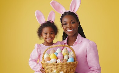 Happy mother and daughter in bunny ears embracing each other with an Easter basket full of colorful eggs, set against a bright yellow background, celebrating Easter in pastel colors.