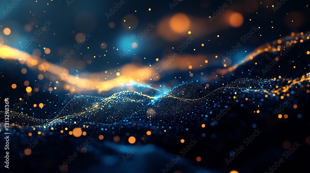 Fototapete mesmerizing waves of blue and orange light with glittering particles floating : generative ai