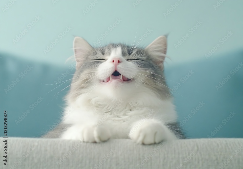 Poster Joyful cat with a broad smile lounging contentedly on the couch under soft lighting : Generative AI