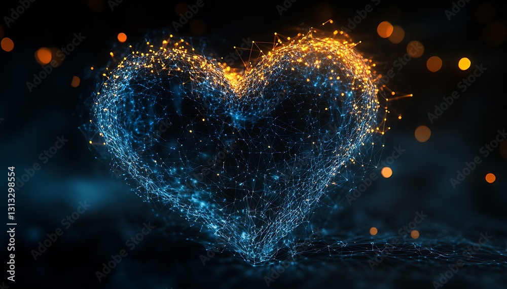 Poster Illuminated heart shape formed by glowing connections and particles showcasing a digital aesthetic : Generative AI