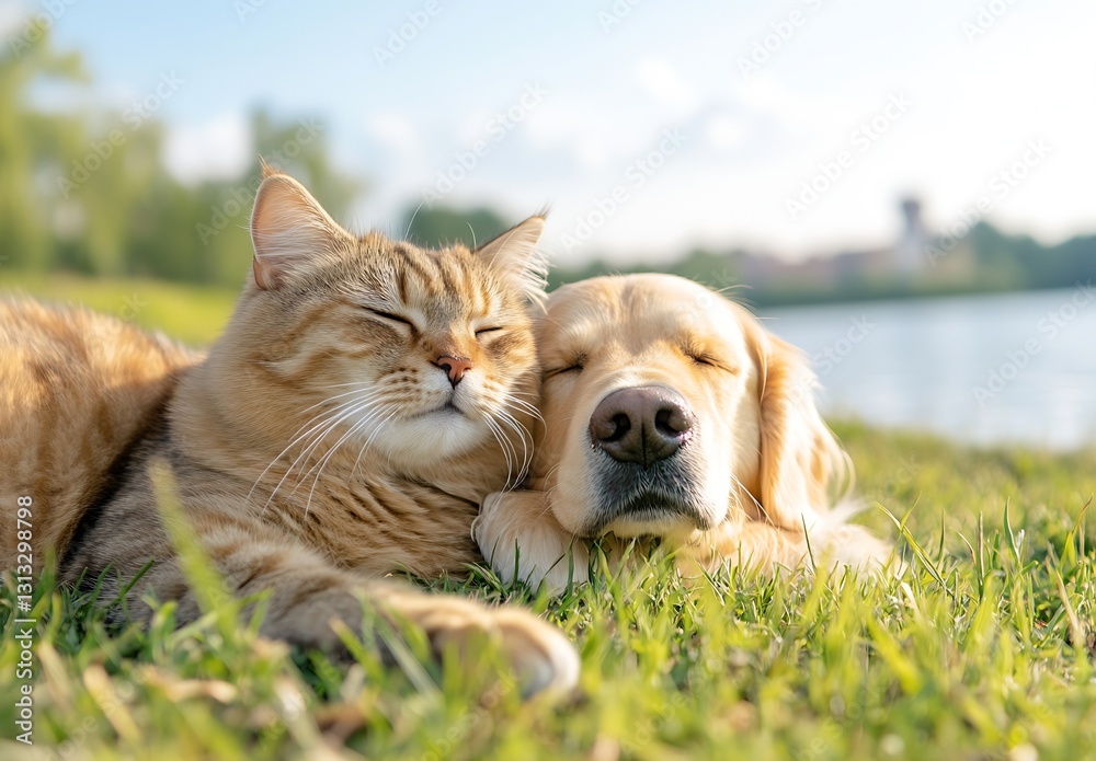 Poster golden retriever and fluffy cat napping together on green grass by a serene lake under a bright sky 