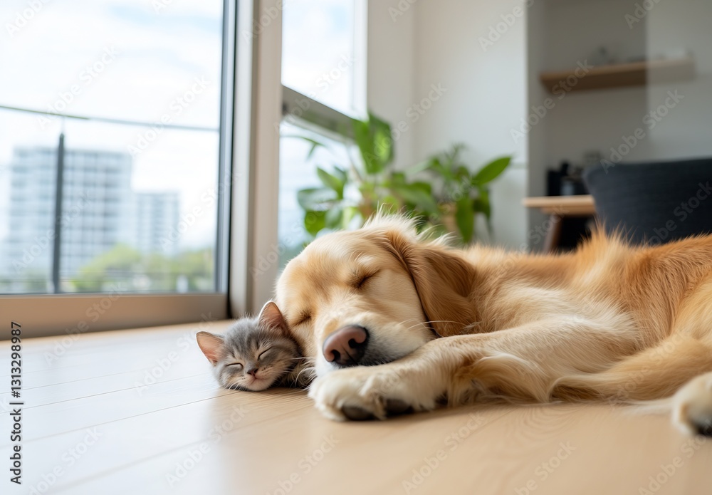 Poster golden retriever and small gray kitten resting side by side on a sunlit wooden floor indoors : gener