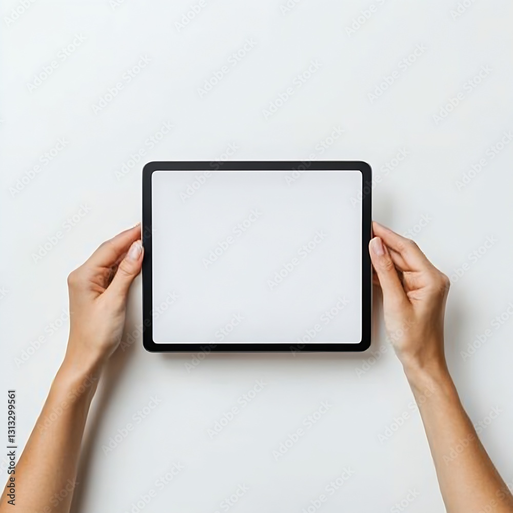 Poster hands holding a blank tablet device on a clean white background for modern technology display : gene