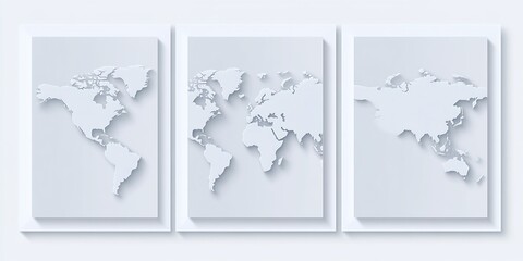 Three layered maps with soft shadows depicting the world in a light grey color scheme : Generative AI