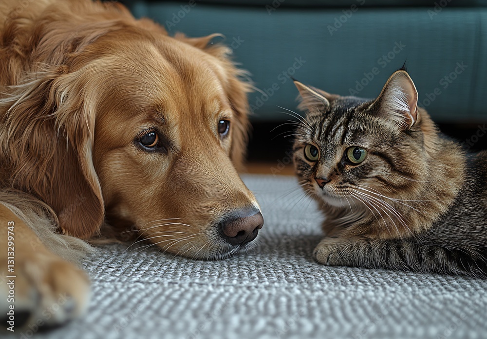 Aufkleber charming encounter of a golden retriever and a tabby cat sharing an intimate moment on a rug : gener