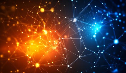 Fototapeta premium Intricate network of glowing nodes and connections in blue and orange creating a dynamic technological feel : Generative AI
