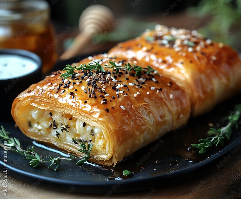 Poster Delicious golden baklava drizzled with honey and sprinkled with seeds creating an exquisite dessert display : Generative AI