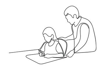 Single line drawing Father guiding daughters homework, learning, support, education, family