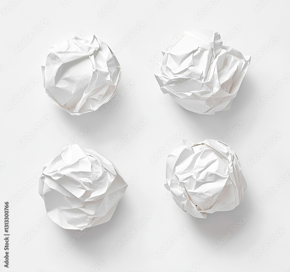 Poster crumpled white paper balls scattered artistically on clean background signifies creative brainstormi