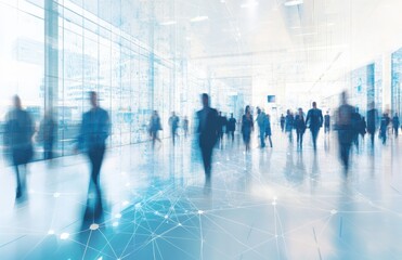 Abstract blur cityscape view with silhouette of business people walking indoors, modern architecture and digital network concept for technology and communication