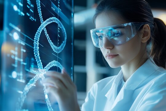 Female scientist analyzing DNA strands on a digital screen in a lab