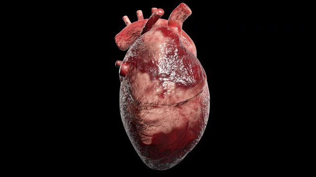 3d model of human heart rotating on alpha channel background in seamless loop.