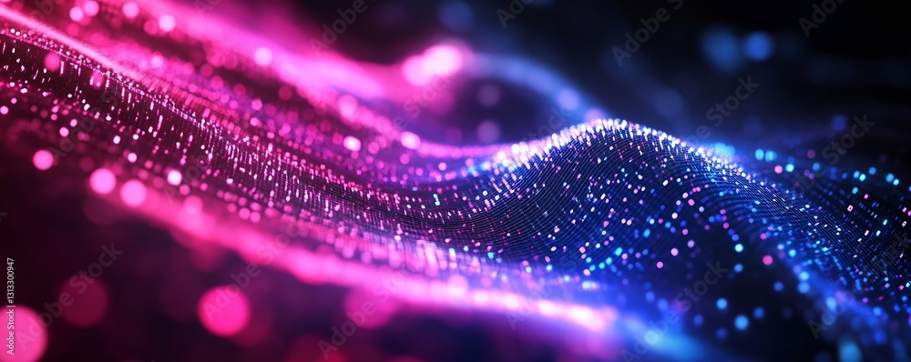 Poster vibrant colorful abstract wave design with bright pink and blue lights shining in a dark background 