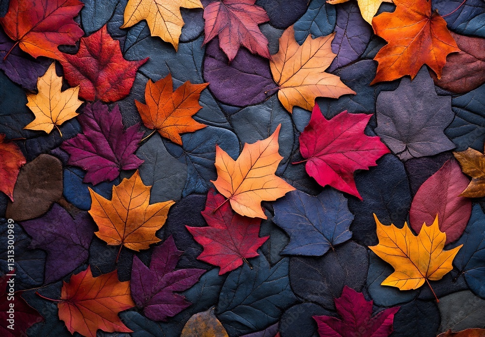 Poster Vibrant Autumn Leaves in Various Colors Spread Across a Rich Background Creating a Festive Scene : Generative AI