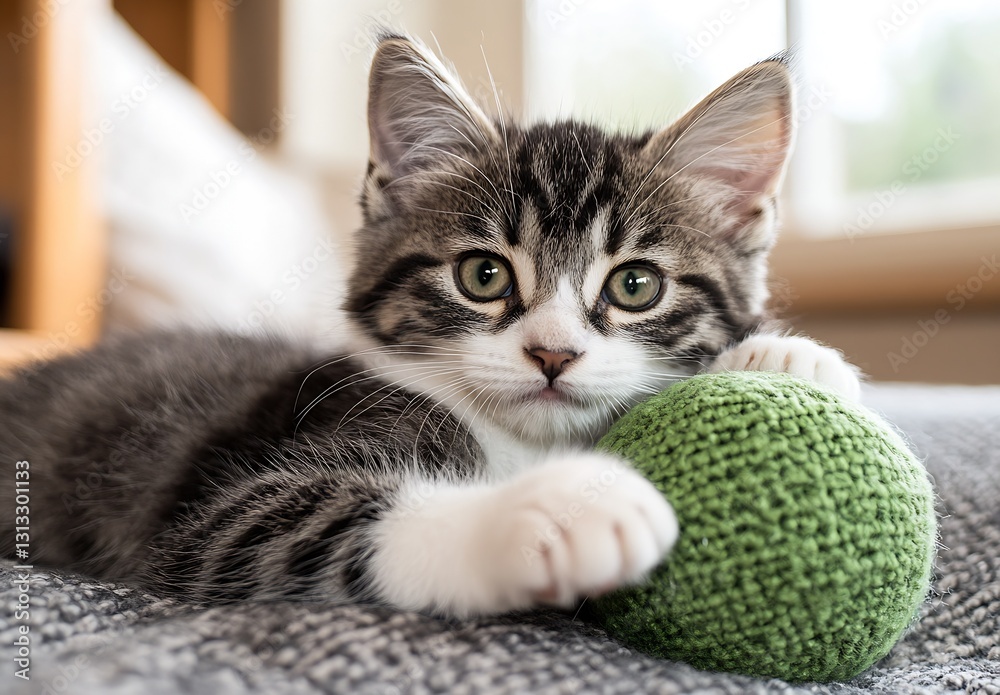 Poster charming tabby kitten lounging with a green ball of yarn on soft couch : generative ai