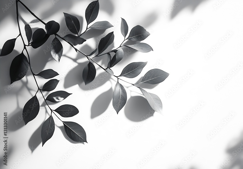 Aufkleber elegant black and white composition of delicate leaves creating beautiful shadows : generative ai