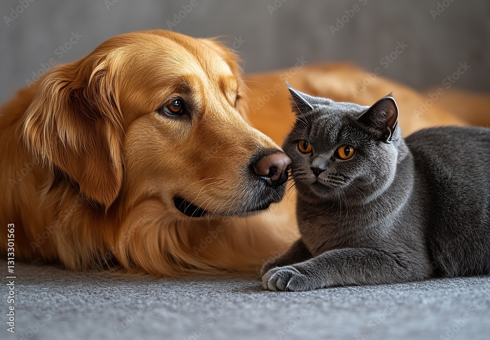 Aufkleber playful golden retriever and gray cat sharing a tender moment while lounging on soft carpet : genera