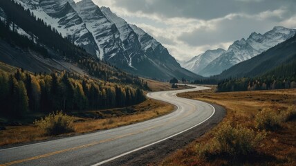 Fototapeta premium A tranquil road cutting through majestic mountains, generate AI