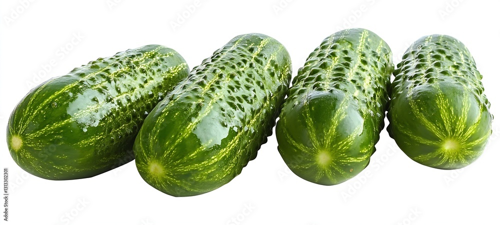 Poster Four Freshly Picked Cucumbers with Distinctive Patterns on a White Surface for Culinary Use : Generative AI