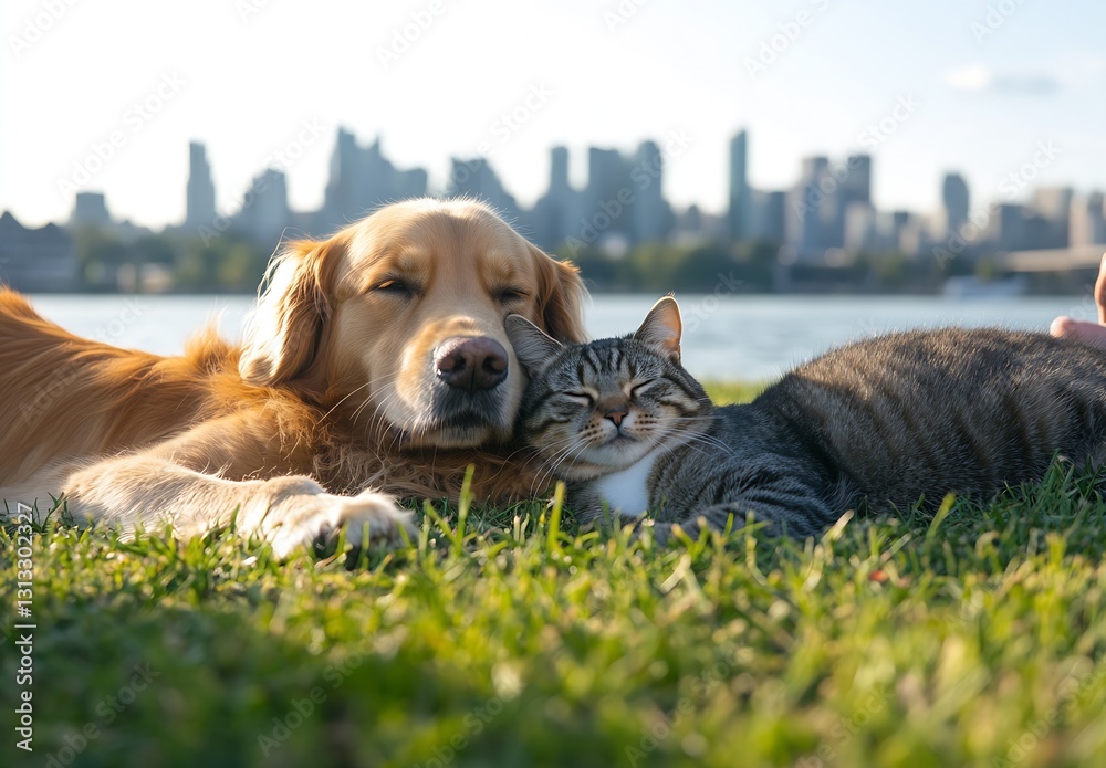 Poster Golden retriever and tabby cat resting together on soft grass with city skyline in the background : Generative AI
