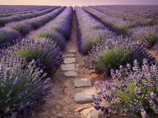 Obraz premium Lavender Blossom: A dreamy pathway surrounded by endless lavender blossoms, stretching into the distance.