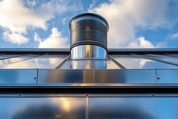 Obraz premium Stainless Steel Roof Exhaust Ventilation Fan Installed on EPDM Roof of Large Commercial Building Generative AI