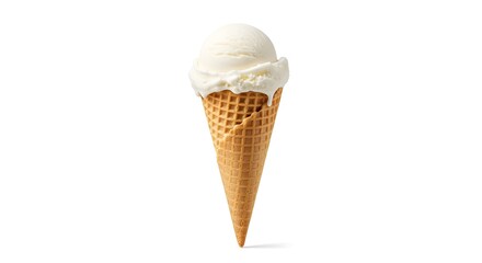 A Creamy Scoop Of Vanilla Ice Cream Melting Slightly Atop A Crisp Waffle Cone, A Perfect Summer...