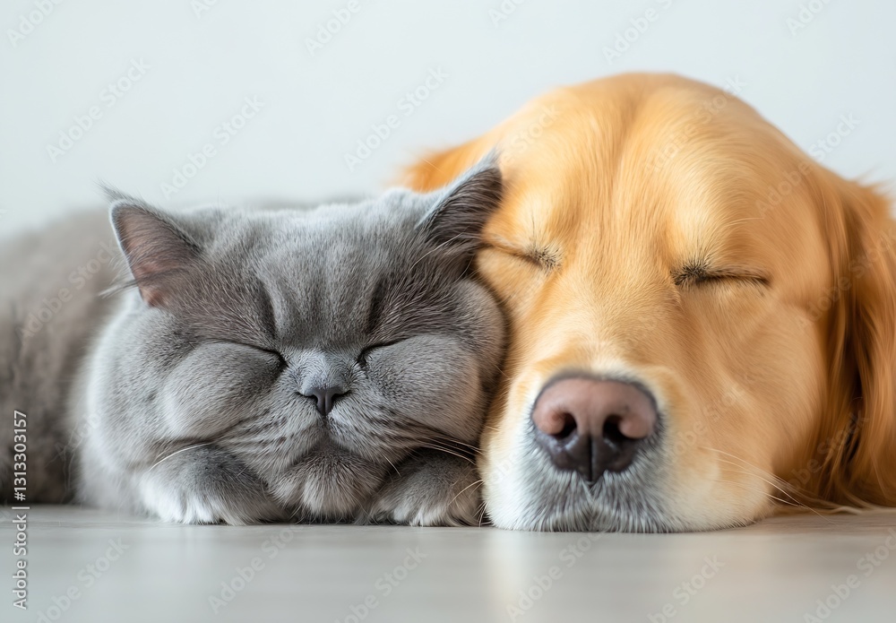 Poster Adorable dog and cat snuggling while resting together creating a charming serene atmosphere : Generative AI