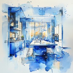 Custom vertical slats with your photo Abstract Watercolor Painting of a Modern Blue Kitchen Interior Design. A stylish representation of contemporary home design.