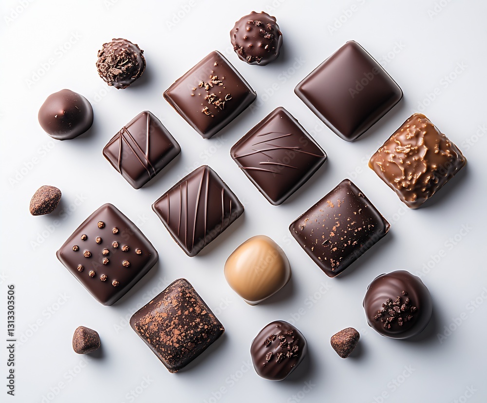 Poster assortment of gourmet chocolate truffles and pralines on a crisp white background : generative ai