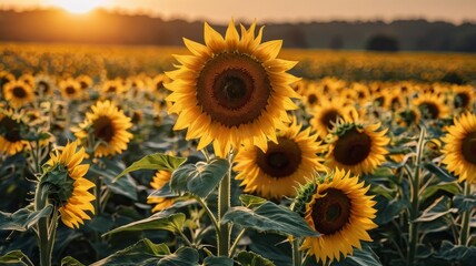 Fototapeta premium A vibrant sunflower field in full bloom at sunset, basking in warm golden light, generate AI