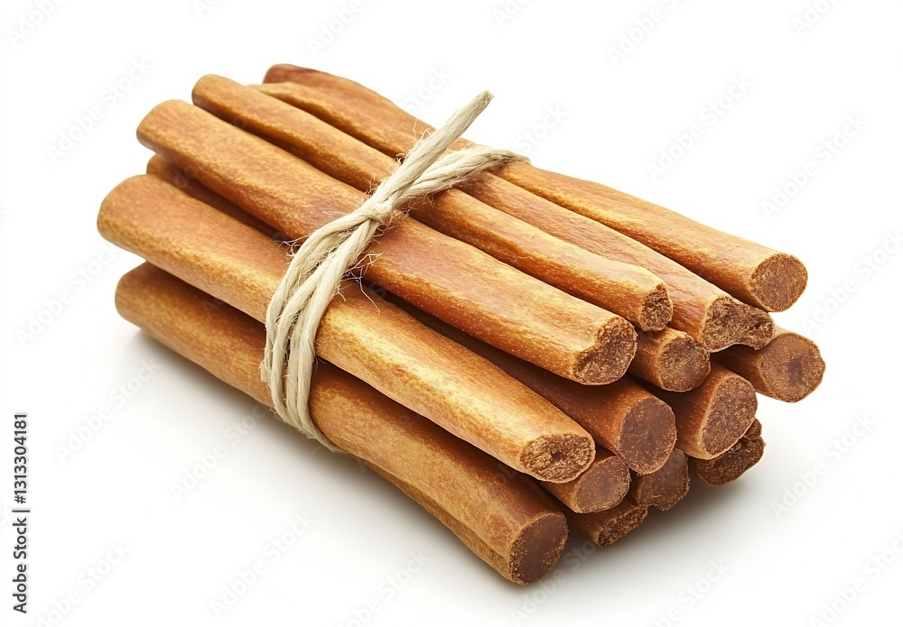 Poster bundle of cinnamon sticks tied with twine on white background showcasing rustic charm and culinary a